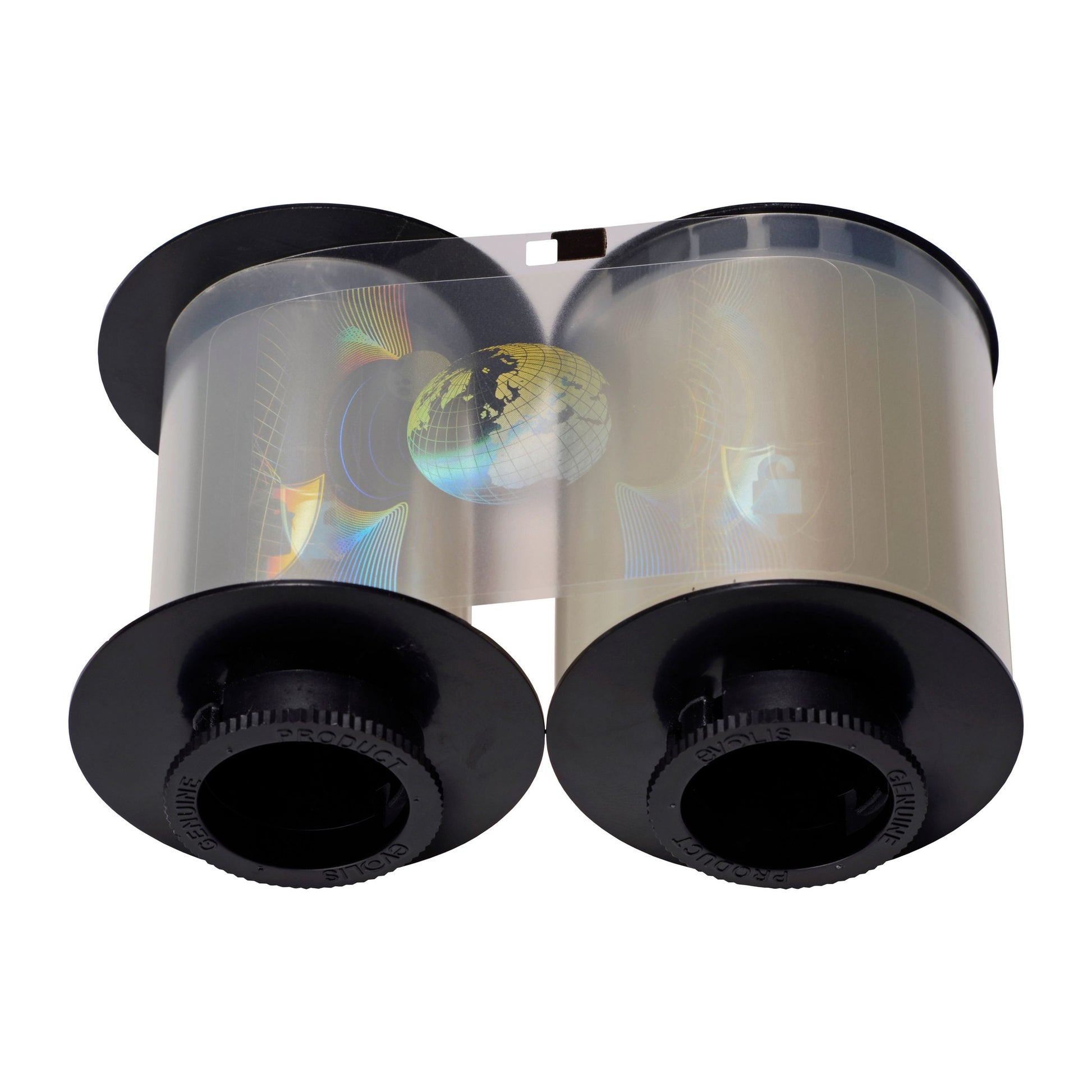 The Evolis R4251 HighTrust Full Hologram Patch Laminate for the Securion features a clear plastic film ribbon with holographic security images, wound between two black spools, and provides 200 prints.