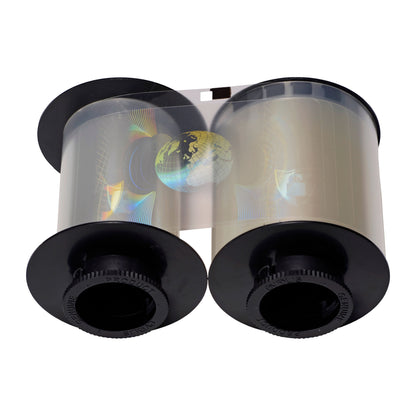 The Evolis R4251 HighTrust Full Hologram Patch Laminate for the Securion features a clear plastic film ribbon with holographic security images, wound between two black spools, and provides 200 prints.