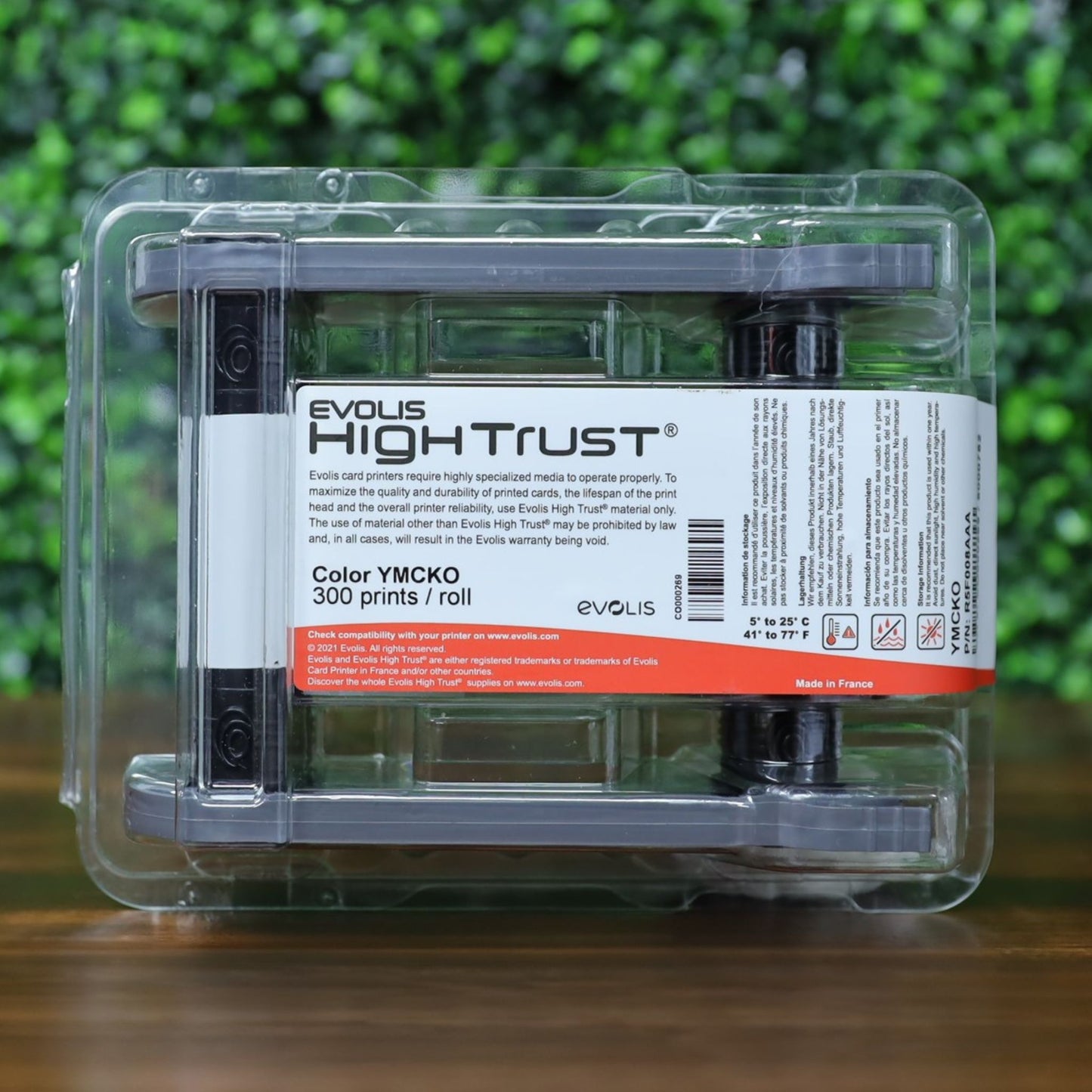 Packaged Evolis R5F008AAA YMCKO ribbon showing High Trust branding, 200-print yield label, and storage instructions on blister pack. Photographed and sold by Specialist ID, an authorized Evolis dealer.