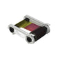 Evolis R5F008AAA YMCKO ribbon shown at angle with visible yellow, magenta, and black panels spooled between gray plastic cartridges. Sold by Specialist ID, an authorized Evolis dealer.