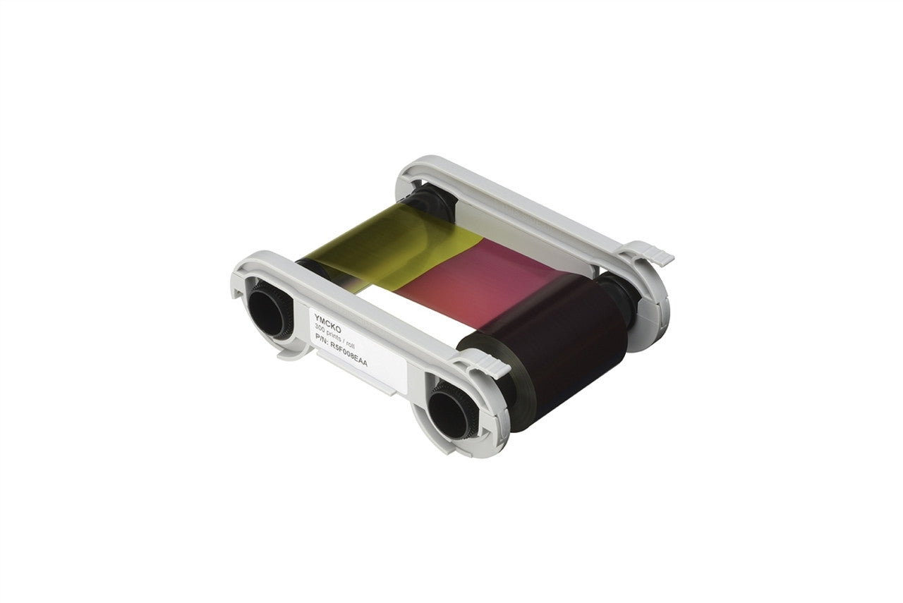 Evolis R5F008AAA YMCKO ribbon shown at angle with visible yellow, magenta, and black panels spooled between gray plastic cartridges. Sold by Specialist ID, an authorized Evolis dealer.