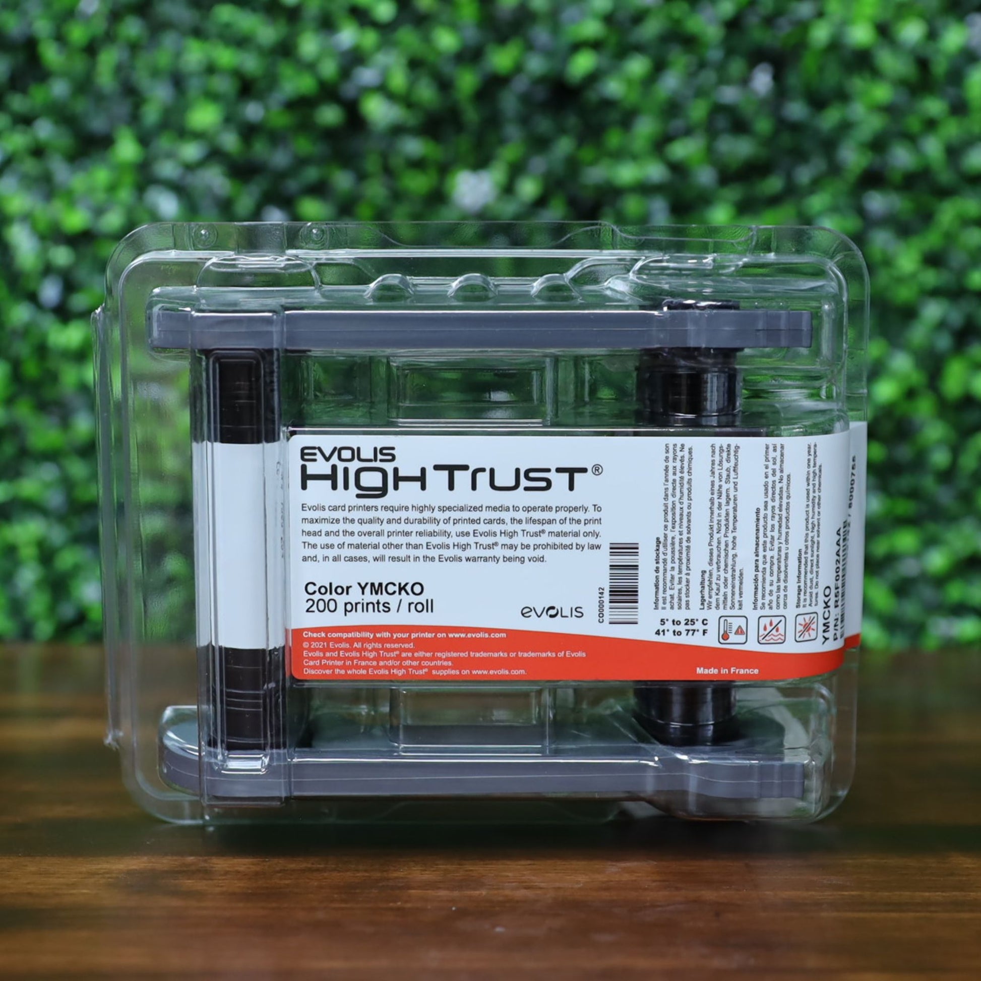 Evolis R5F008AAA YMCKO color ribbon in clear retail packaging with label showing High Trust branding, print yield of 200 prints, and product specifications. Photographed and sold by Specialist ID, an authorized Evolis dealer.