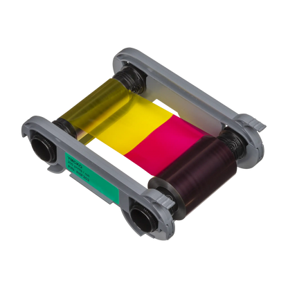 The Evolis R5F202A100 YMCKO Ribbon features yellow, magenta, cyan, black, and overlay panels on a gray plastic frame, supporting 200 prints for vibrant ID cards with the Primacy 2 ID Card Printer. Sold by Specialist ID, an authorized Evolis dealer.