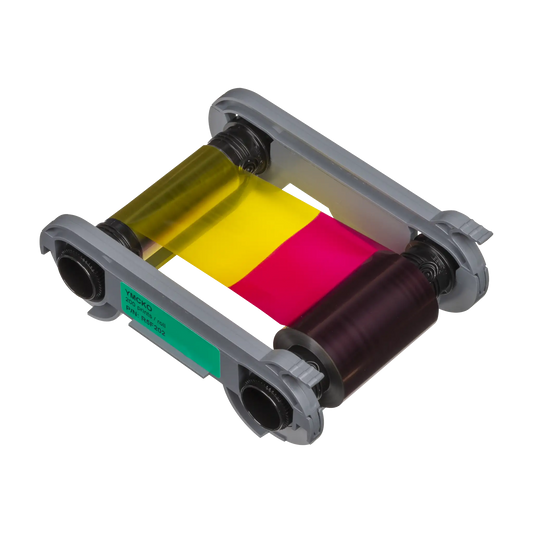 The Evolis R5F202A100 YMCKO Ribbon features yellow, magenta, cyan, black, and overlay panels on a gray plastic frame, supporting 200 prints for vibrant ID cards with the Primacy 2 ID Card Printer. Sold by Specialist ID, an authorized Evolis dealer.