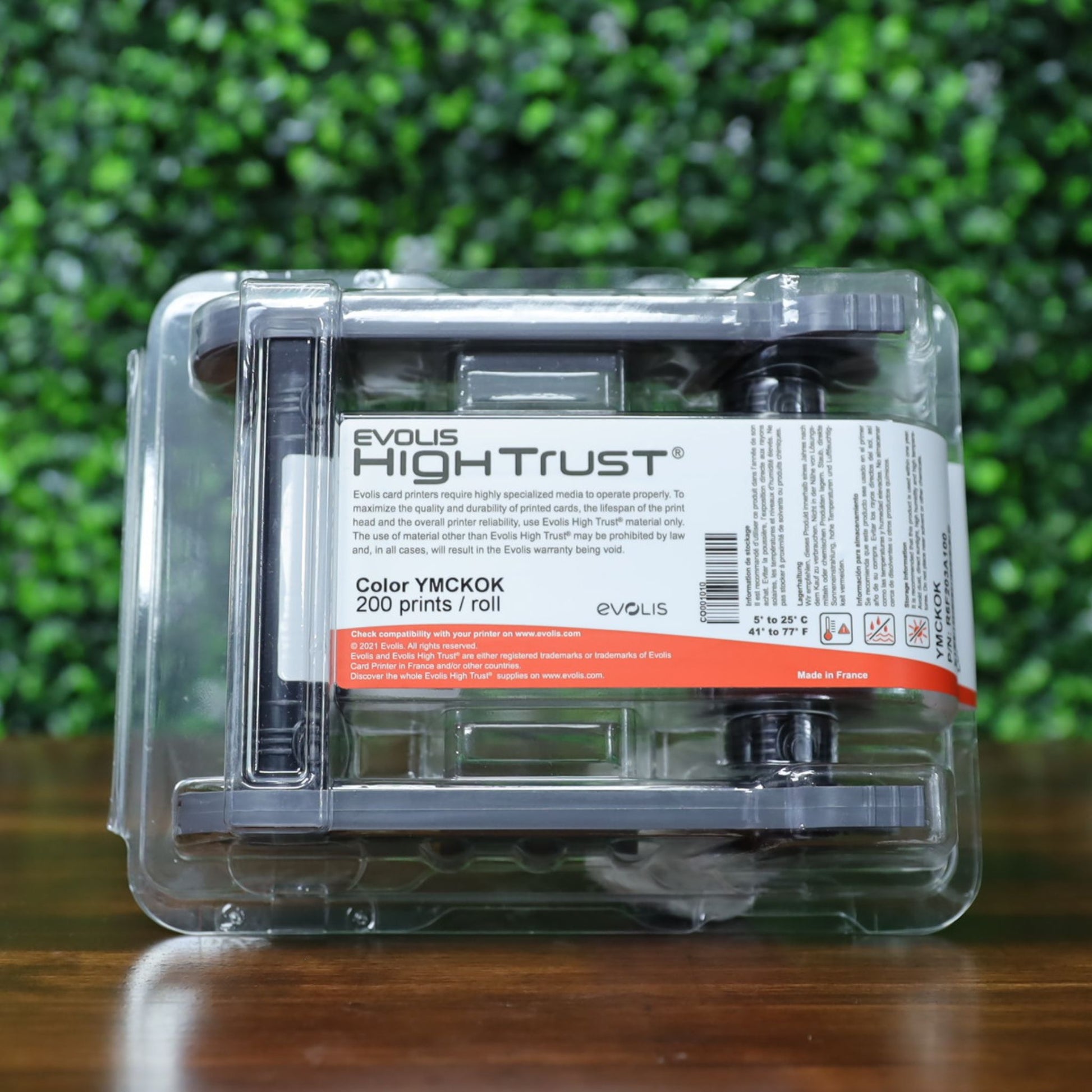 Front view of the Evolis R6F203A100 YMCKO-K ribbon in sealed clamshell packaging with visible label showing “Color YMCKOK” and “200 prints / roll.” Photographed and sold by Specialist ID, an authorized Evolis dealer.