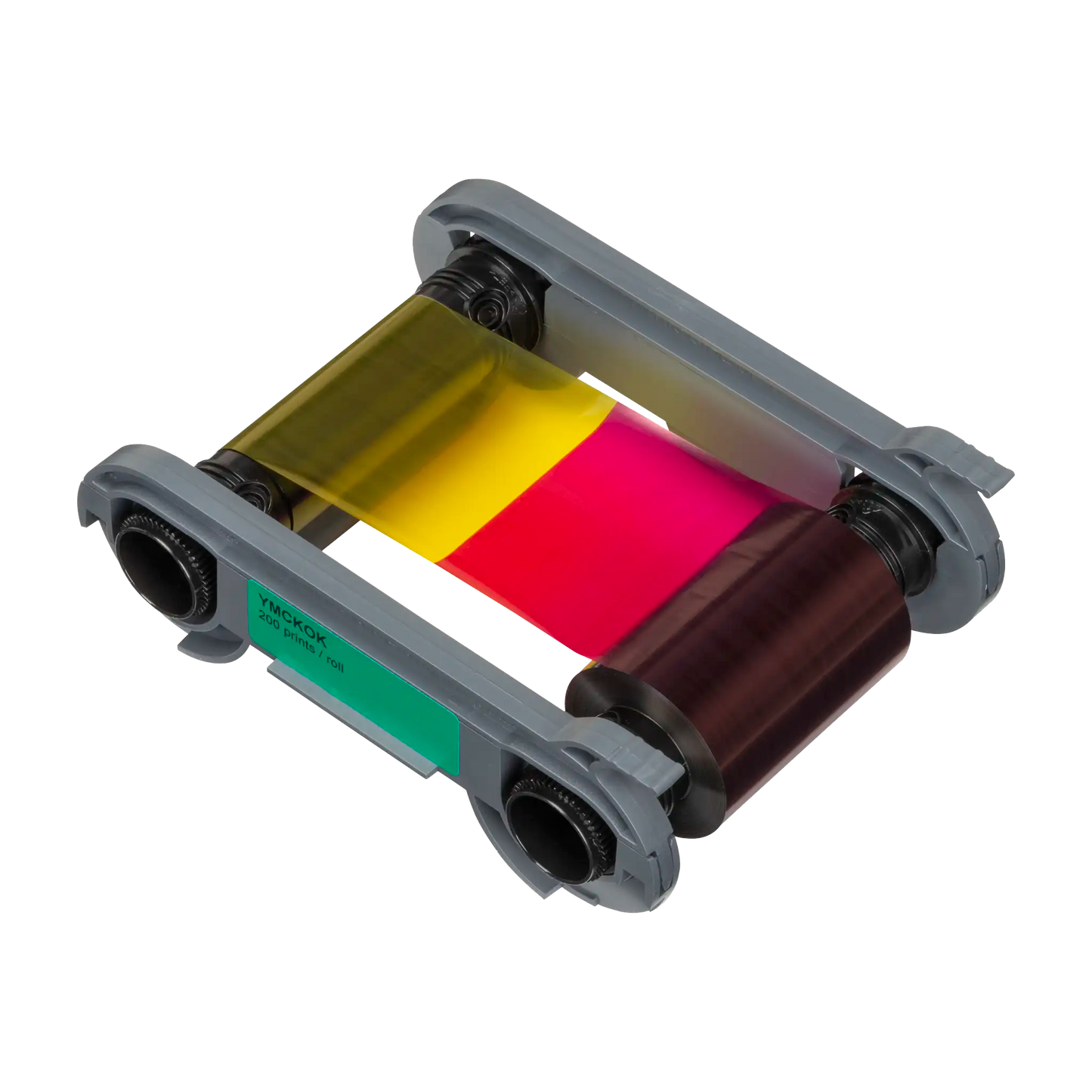 Angled top-down view of the Evolis R6F203A100 YMCKO-K ribbon showing full color and black resin panels on the open cartridge, with green label indicating 200-print yield. Sold by Specialist ID, an authorized Evolis dealer.