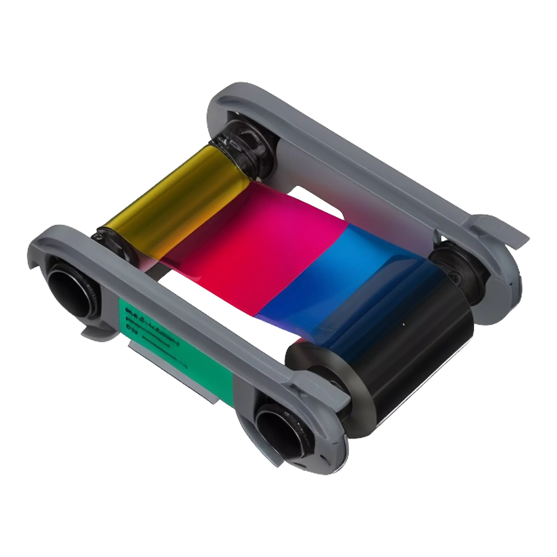 A color ribbon with panels in yellow, magenta, cyan, black, and additional black and overlay panels, designed for use with Evolis Primacy 2 ID Card Printer. Sold by Specialist ID, an authorized Evolis dealer.