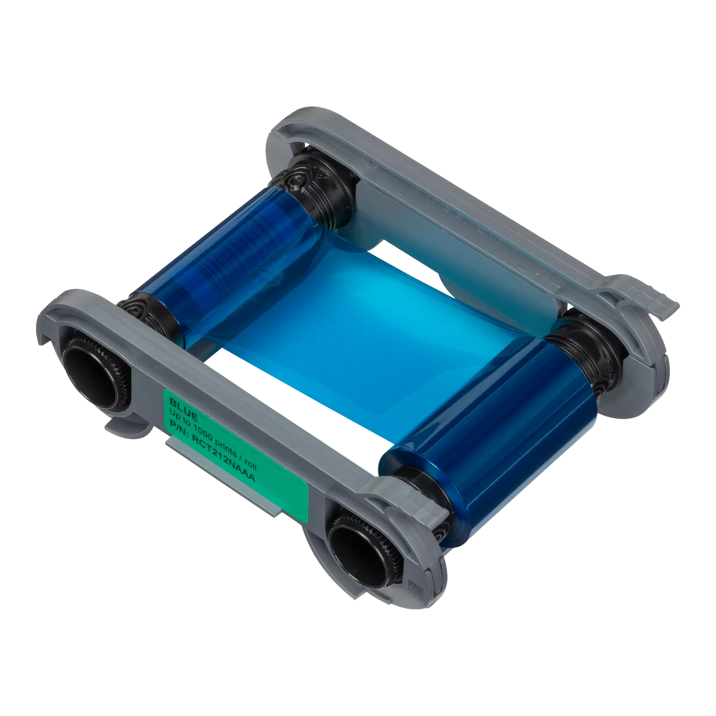 Front view of the Evolis RCT212NAAA blue monochrome ribbon showing cartridge and vibrant blue film. Sold by Specialist ID, an authorized Evolis dealer.