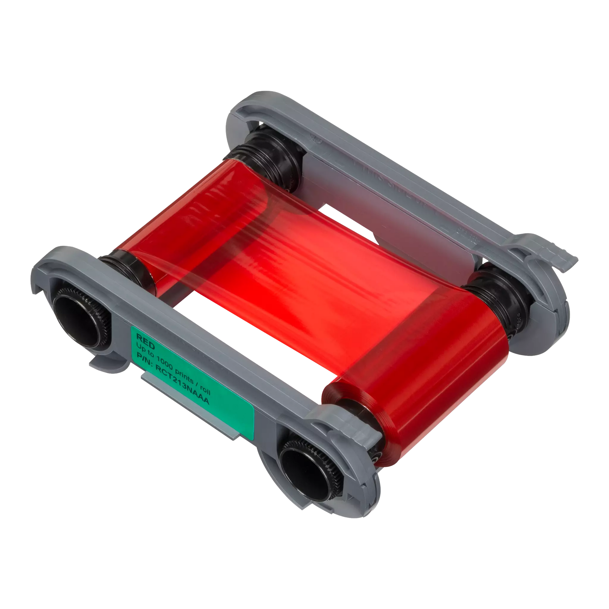 Angled view of Evolis RCT213NAAA red monochrome ribbon cartridge with visible red film and label showing part number and 1000-print yield. Sold by Specialist ID, an authorized Evolis dealer.