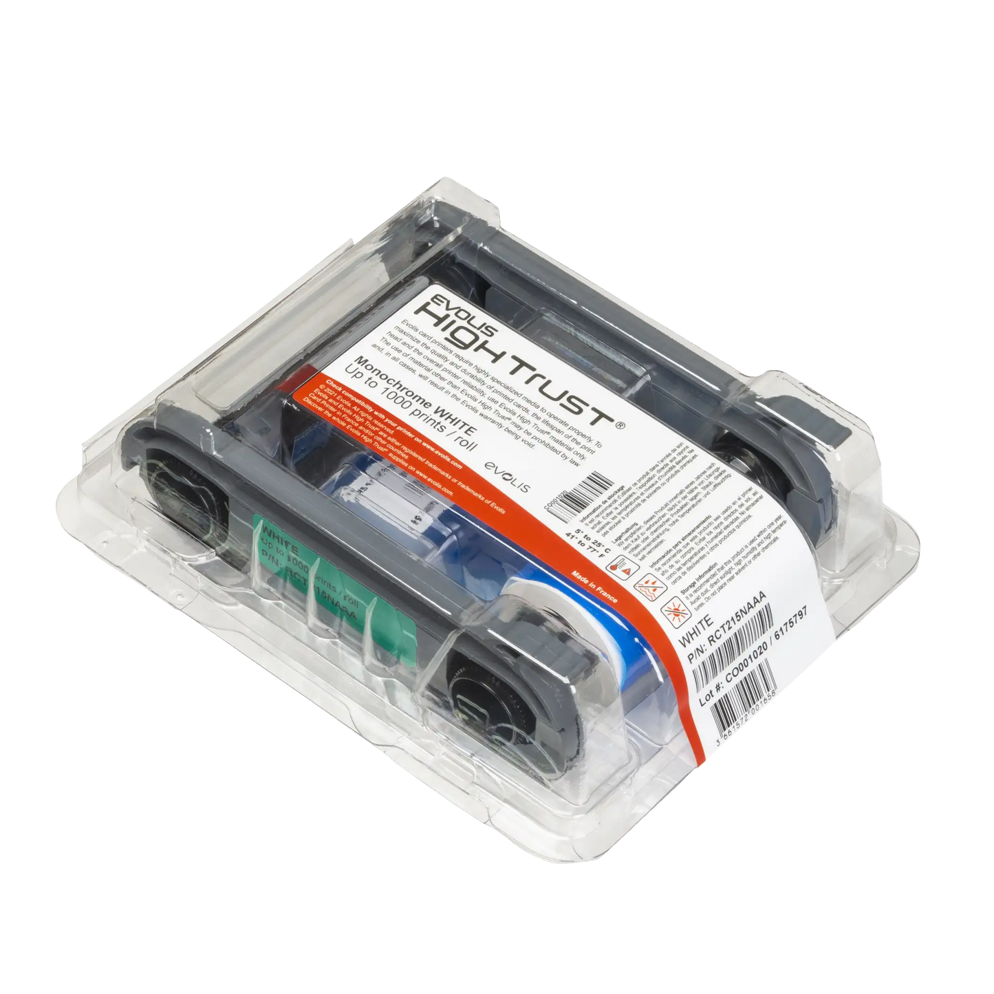 Angled view of Evolis RCT215NAAA White Monochrome Ribbon in original High Trust blister packaging showing label and product details. Sold by Specialist ID, an authorized Evolis dealer.