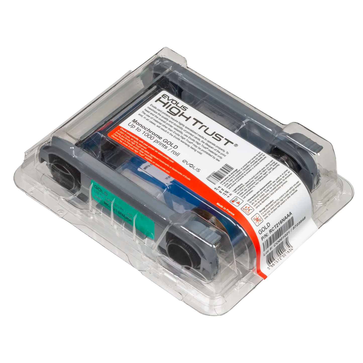 Angled view of the Evolis RCT216NAAA metallic gold monochrome ribbon in sealed packaging, showing the High Trust label, 1000-print capacity, and gold spool ends. Photographed and sold by Specialist ID, an authorized Evolis dealer.