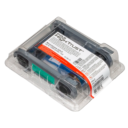 Angled view of the Evolis RCT216NAAA metallic gold monochrome ribbon in sealed packaging, showing the High Trust label, 1000-print capacity, and gold spool ends. Photographed and sold by Specialist ID, an authorized Evolis dealer.