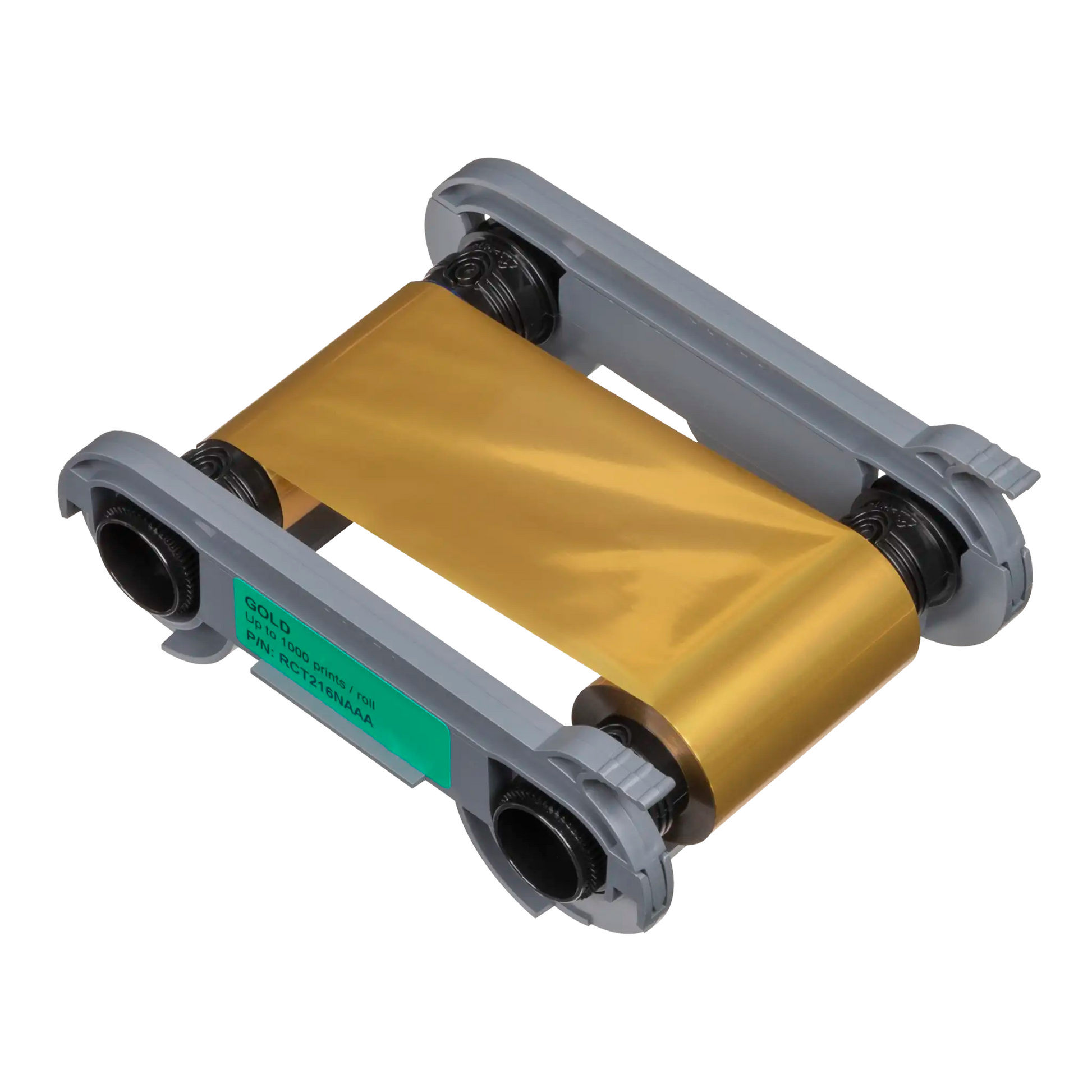 volis High Trust RCT216NAAA ribbon cartridge with metallic gold film and part label visible, shown on transparent background. Sold by Specialist ID, an authorized Evolis dealer.