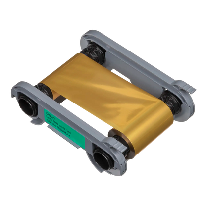 volis High Trust RCT216NAAA ribbon cartridge with metallic gold film and part label visible, shown on transparent background. Sold by Specialist ID, an authorized Evolis dealer.