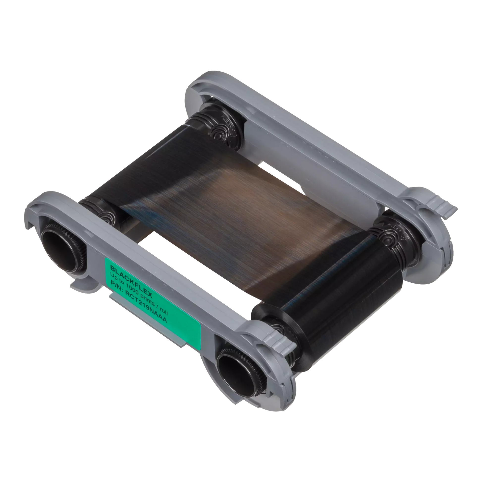 A black monochrome ribbon cartridge for Evolis Primacy 2 ID card printer, showing the ribbon frame and the black ink ribbon. Sold by Specialist ID, an authorized Evolis dealer.