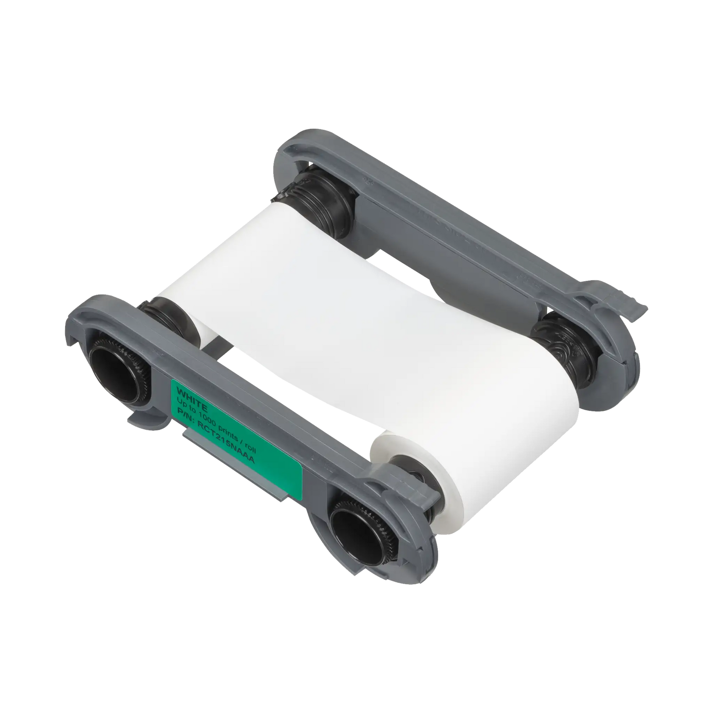 Angled view of Evolis RCT221NAAA White Signature Ribbon showing clean white coating and product label on ribbon frame. Photographed and sold by Specialist ID, an authorized Evolis dealer.