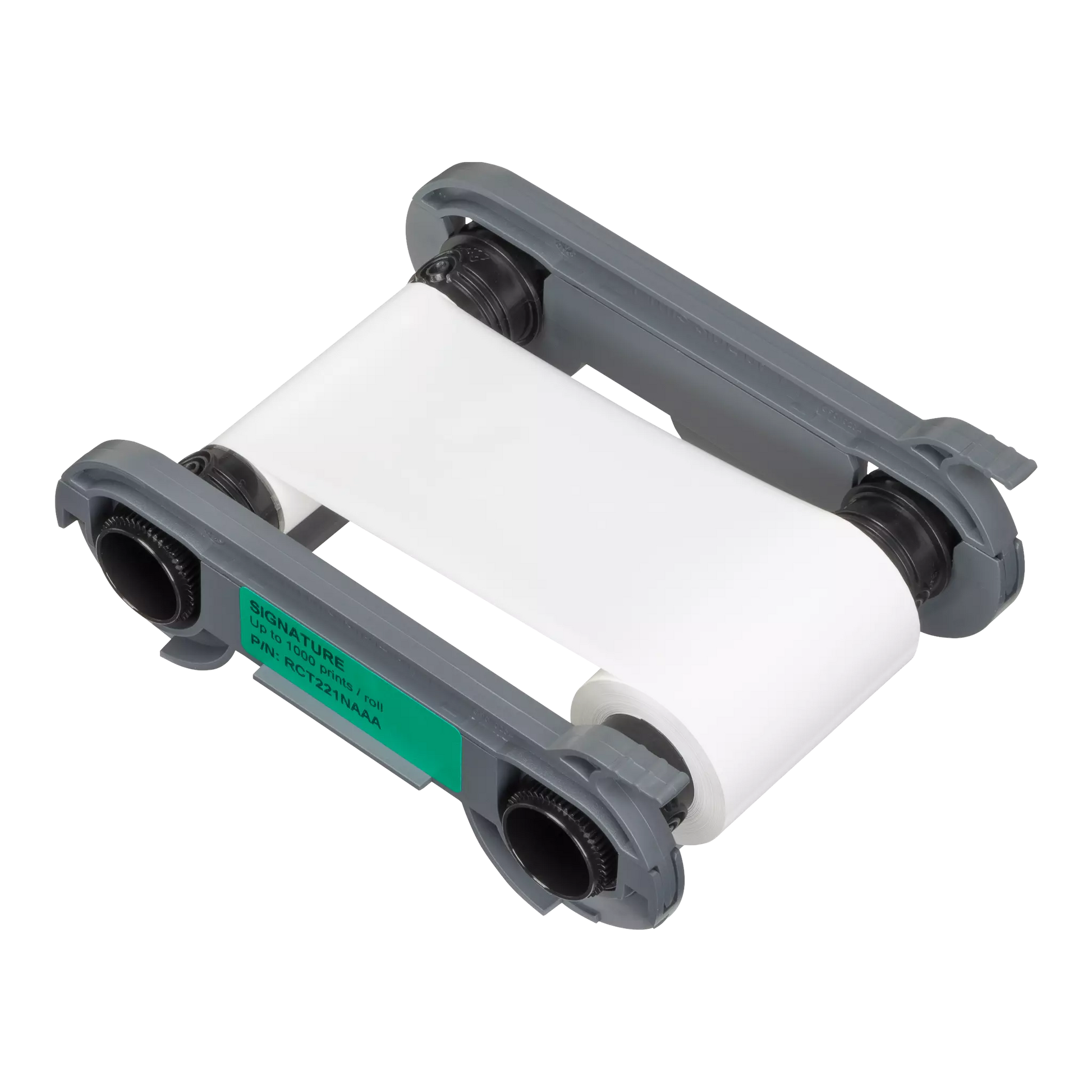 Front view of Evolis RCT221NAAA White Signature Ribbon with visible part number and label. Photographed and sold by Specialist ID, an authorized Evolis dealer.