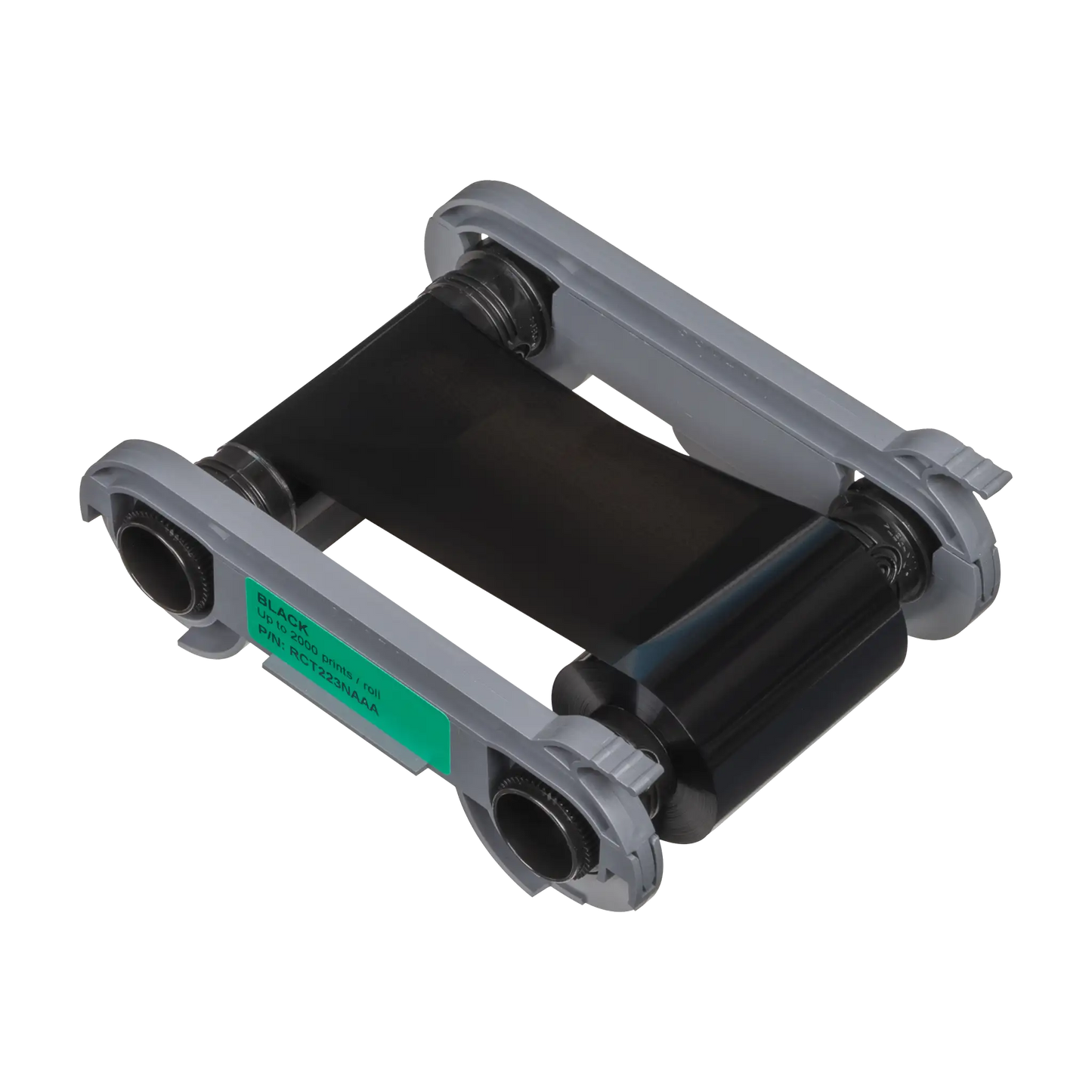 Angled view of Evolis RCT223NAAA black monochrome ribbon cartridge with visible spools, black film, and green label showing part number and yield. Sold by Specialist ID, an authorized Evolis dealer.