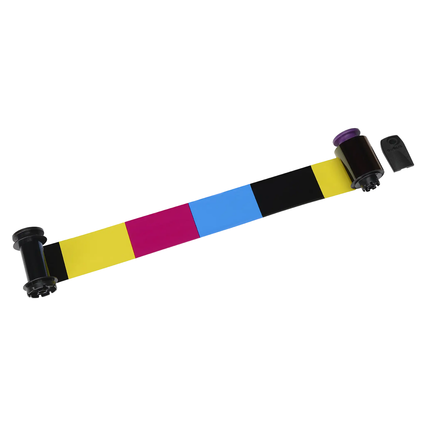 A printer ribbon cartridge with panels of yellow, magenta, cyan, and black, such as the Evolis RT4F010AAA YMCK Ribbon - 500 Prints for the Avansia Retransfer ID Card Printer, is essential for multi-color printing processes. Sold by Specialist ID, an authorized Evolis dealer.