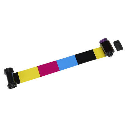 A printer ribbon cartridge with panels of yellow, magenta, cyan, and black, such as the Evolis RT4F010AAA YMCK Ribbon - 500 Prints for the Avansia Retransfer ID Card Printer, is essential for multi-color printing processes. Sold by Specialist ID, an authorized Evolis dealer.