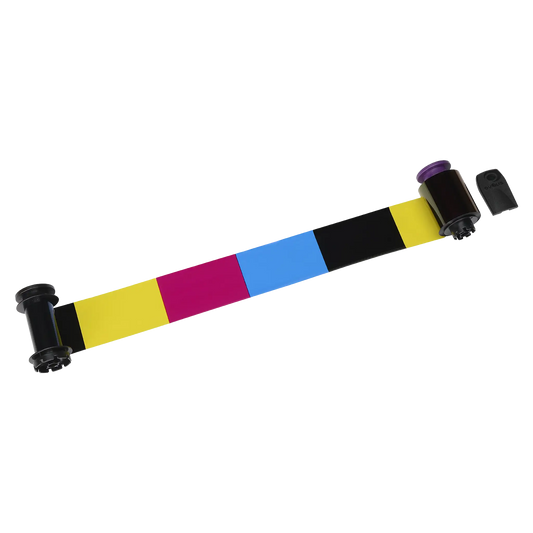 A printer ribbon cartridge with panels of yellow, magenta, cyan, and black, such as the Evolis RT4F010AAA YMCK Ribbon - 500 Prints for the Avansia Retransfer ID Card Printer, is essential for multi-color printing processes. Sold by Specialist ID, an authorized Evolis dealer.