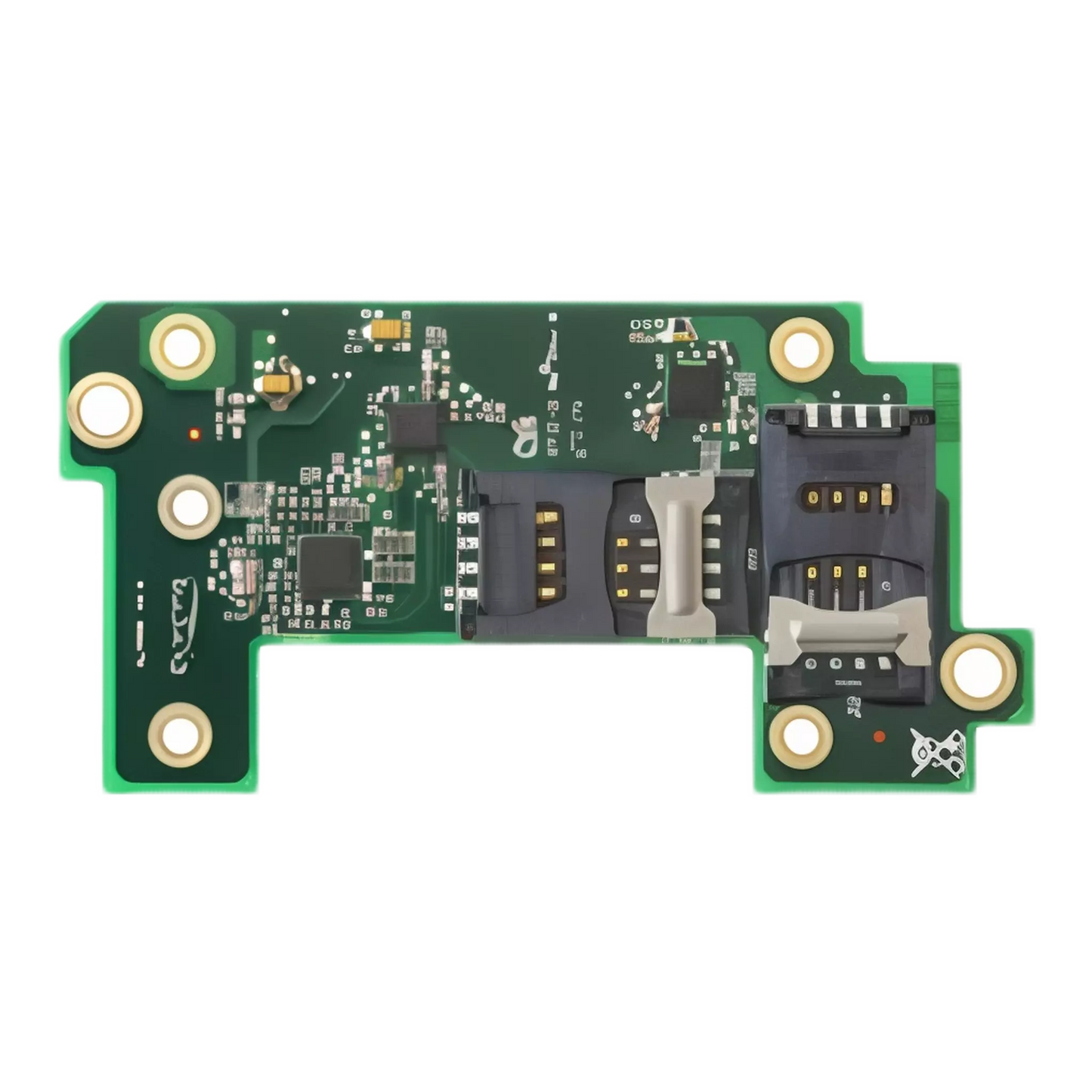 Close-up of a green circuit board with various electronic components, including resistors, chips, and connectors alongside the Evolis S10176 2 SAM slots Extension Board kit for Elyctis Dual Encoding Module essential for optimizing ID card printer performance. Sold by Specialist ID, an authorized Evolis dealer.