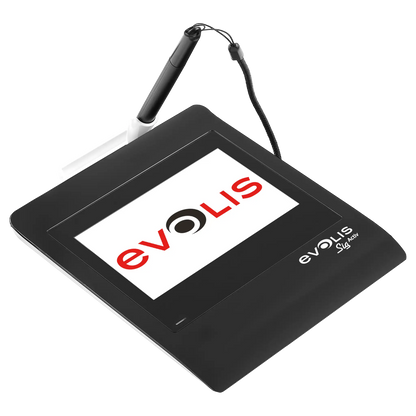 A black Evolis Sig Activ Color ERT Signature Pad ST-GERT-3-UEVL with a pen attached via a cord. The screen displays the Evolis logo and utilizes Electromagnetic Resonance Technology for precise, secure signature capture.