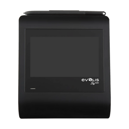 A black Evolis Sig Activ Color ERT Signature Pad ST-GERT-3-UEVL with a stylus, featuring a rectangular screen and secure signature capture through Electromagnetic Resonance Technology.