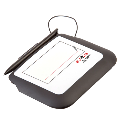 A black Evolis Sig100 Lite Signature Capture Pad ST-LTE105-2-UEVL with a stylus attached by a cable, featuring a white screen area for signing and precise signature capture.