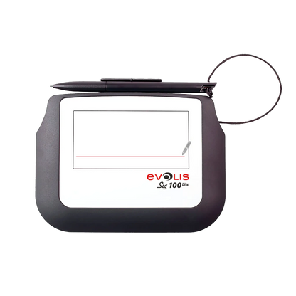 A black and white electronic signature pad with a stylus attached, labeled "Evolis Sig100 Lite Signature Capture Pad ST-LTE105-2-UEVL," offers precise signature capture and advanced security measures.