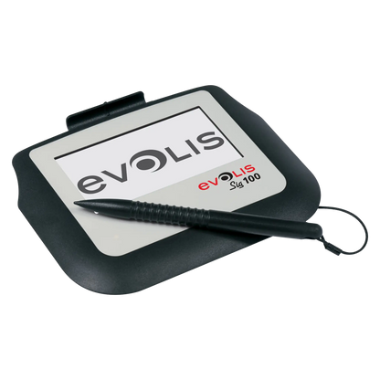 A **Evolis Sig100 Signature Capture Pad** with the Evolis logo and model name (Sig 100) displayed on the screen. The pad includes a stylus attached with a cord, ideal for secure PDF signatures.