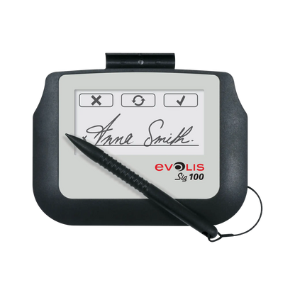 A digital signature capture pad with a stylus resting on it shows the handwritten name "Anne Smith" on the screen. The device, labeled "Evolis Sig100 Signature Capture Pad", provides secure PDF signatures and biometric data recording for enhanced security.