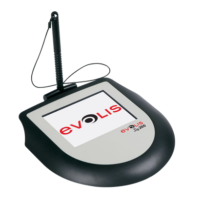 This image shows an Evolis Sig200 Signature Capture Pad ST-CE1075-2-UEVL, an ergonomic signature solution featuring an attached stylus and a screen displaying the Evolis logo.