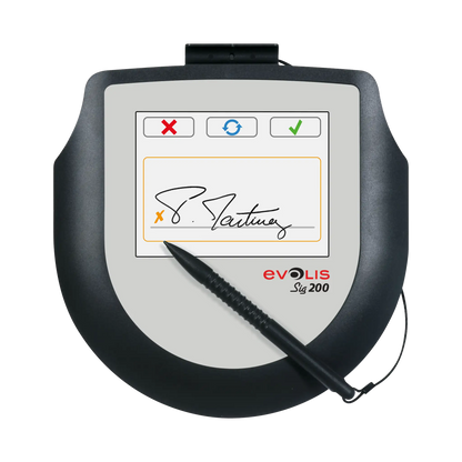 A digital signature pad with a stylus is shown. The screen displays a signature and buttons for accepting, rejecting, and resetting the signature. Labeled "Evolis Sig200 Signature Capture Pad ST-CE1075-2-UEVL," this ergonomic signature solution offers efficient and precise signing capabilities.