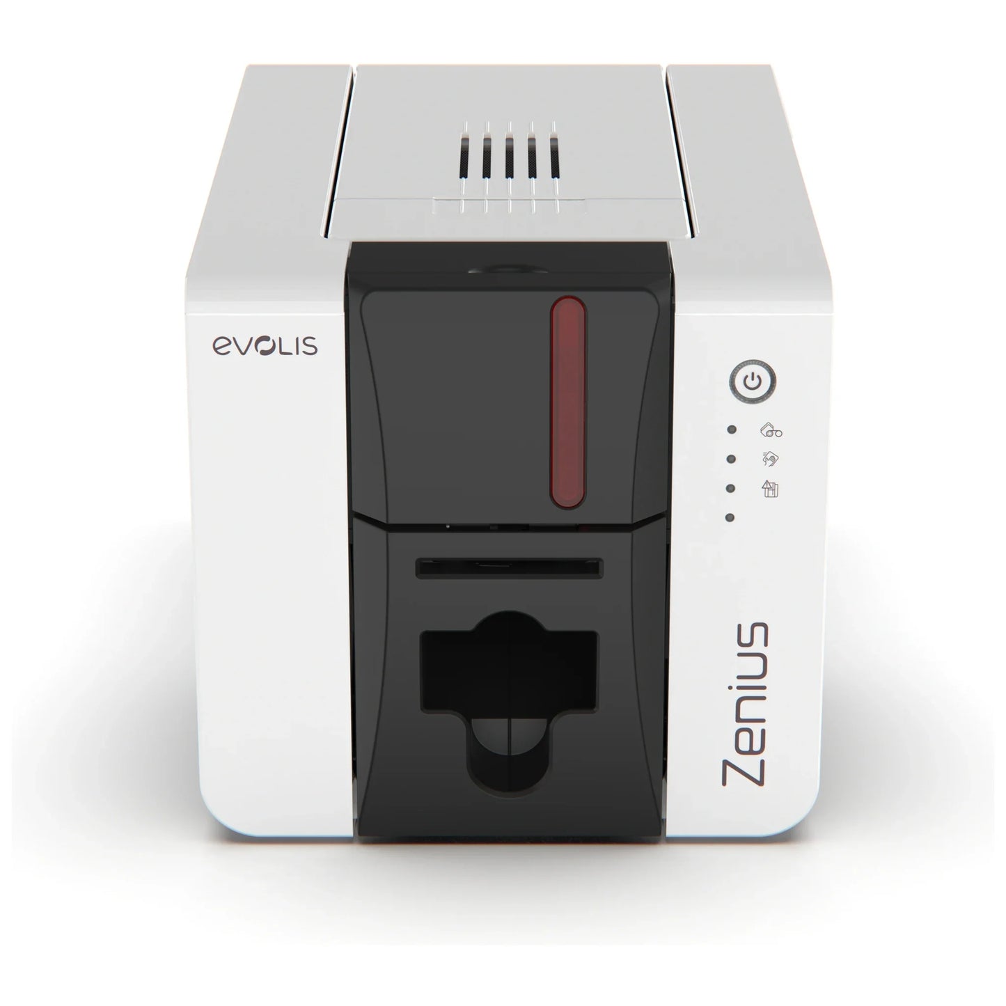 Evolis Zenius 2 single-sided ID card printer, front view of the compact white printer with red accent band and LED control panel