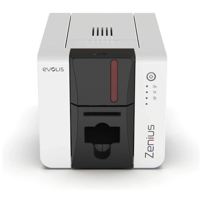 Evolis Zenius 2 single-sided ID card printer, front view of the compact white printer with red accent band and LED control panel
