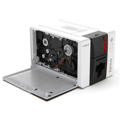 Evolis Zenius 2 ID card printer with the side cover open, showing access to the print head and ribbon compartment