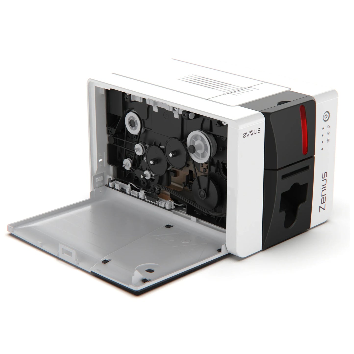 Evolis Zenius 2 ID card printer with the side cover open, showing access to the print head and ribbon compartment