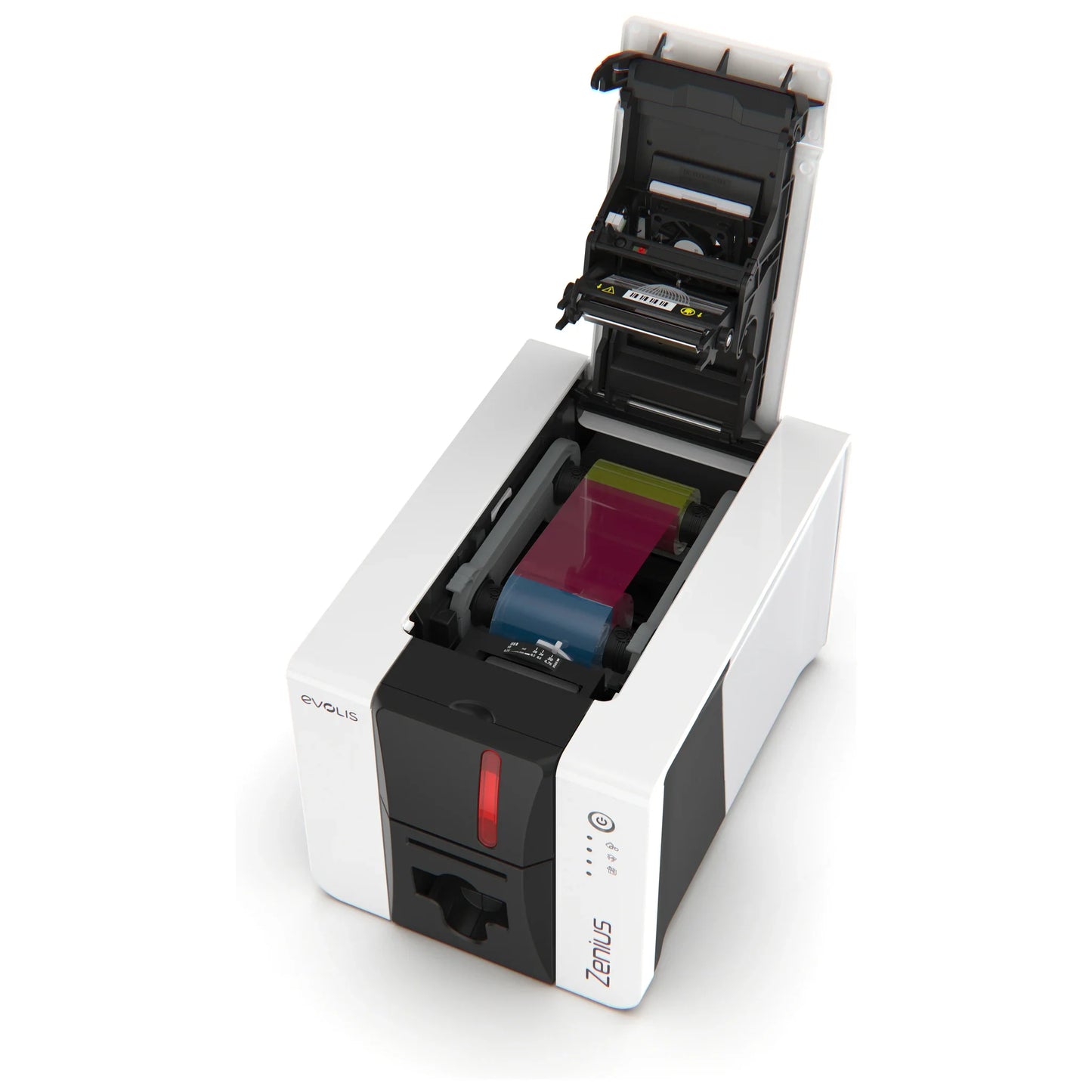 Evolis Zenius 2 ID card printer opened with a High Trust ribbon cassette inside the ribbon compartment