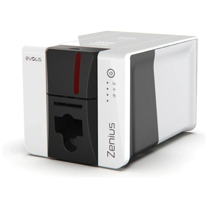 Evolis Zenius 2 ID card printer, right side view showing the card output hopper at the front