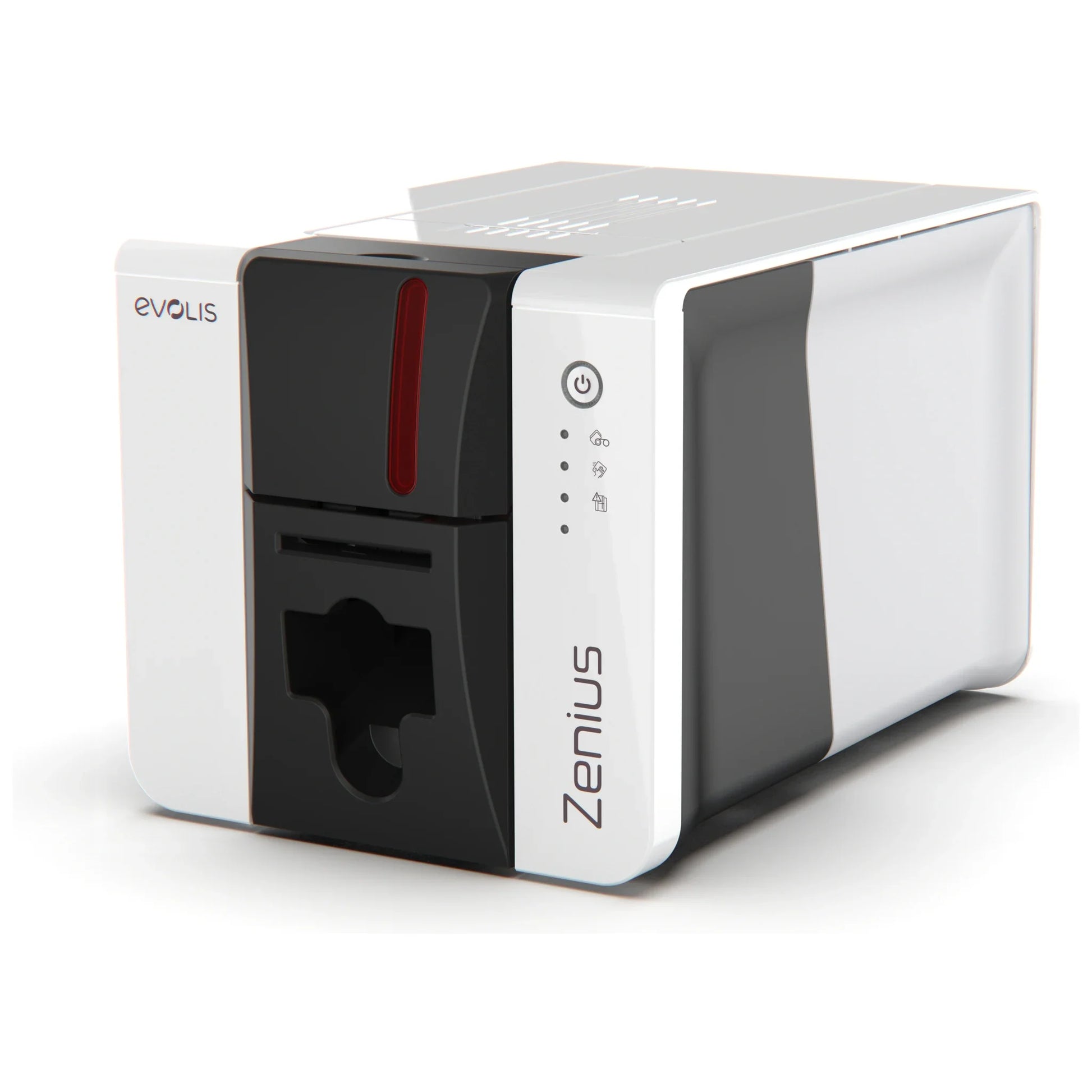 Evolis Zenius 2 ID card printer, right side view showing the card output hopper at the front