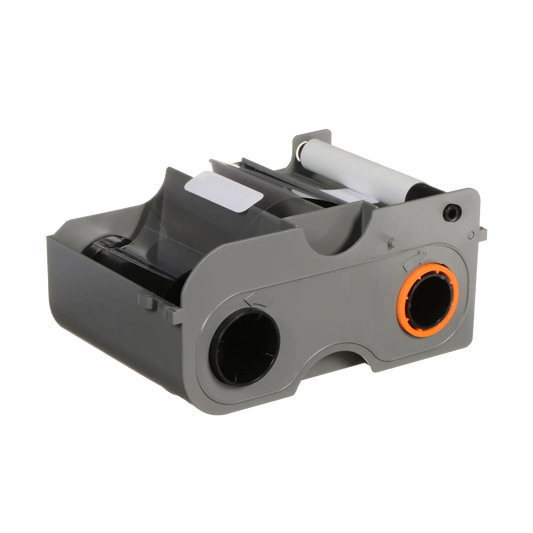 Image shows a grey plastic Fargo 45101 Monochrome Black Ribbon - 1000 Prints, Compatible with C50, DTC1000, DTC1000M, DTC1000Me, DTC1250e, DTC4000, DTC4250e Card Printers cartridge with an orange ring around one spool and a black ribbon partially extended, ideal for ID card printers.