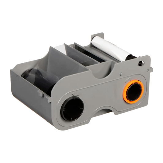 A gray plastic cartridge with compartments houses a visible orange and black roll, designed for use in Fargo ID card printers. This Fargo 45102 Black Monochrome Ribbon - 1000 Prints cartridge delivers up to 1000 prints per roll.