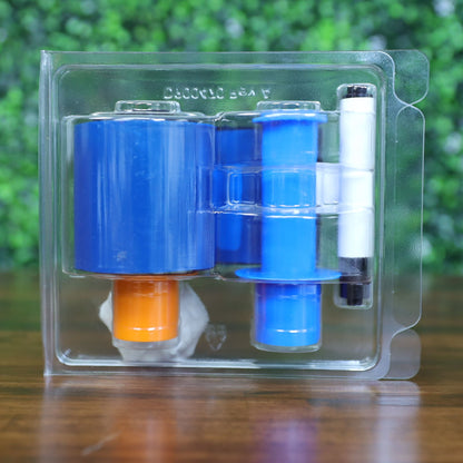 Rear view of the Fargo 45611 YMCKOK ribbon in sealed plastic packaging, showing the orange supply hub and full ribbon roll. Photographed and sold by Specialist ID, an authorized Fargo dealer.