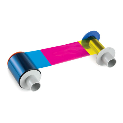 A printer ribbon, ideal for the HDP5000 ID card printer, features sections of blue, pink, yellow, and black ink stretched between two white spools to ensure full-color printing. This Fargo 84052 YMCKK Ribbon - 500 Prints, Compatible with HDP5000 ID Card Printer guarantees sharp and vibrant results every time.