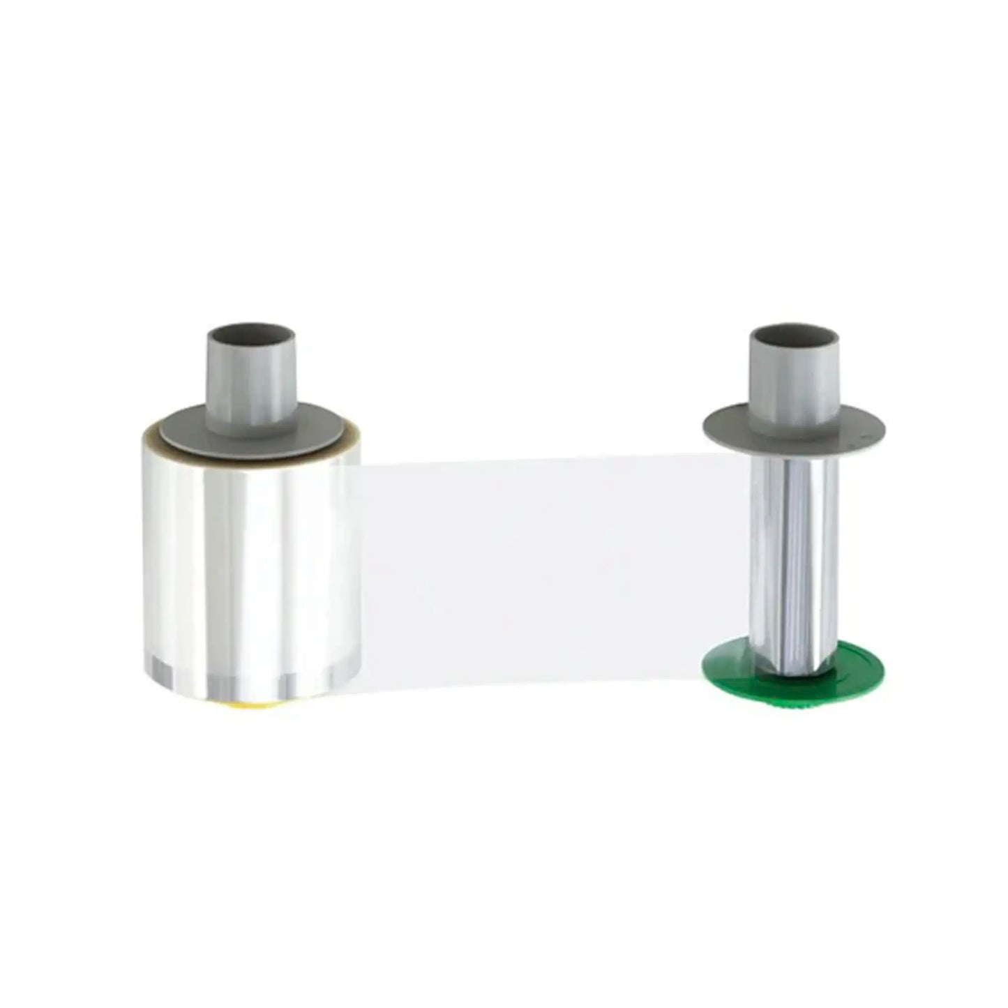 A clear plastic film roll, partially unwound, is suspended between two gray cylindrical cores, ideal for use with Fargo 84500 Retransfer Film - 1500 Prints per Roll, for HDP5000, HDP5600 ID Card Printers. Sold by Specialist ID
