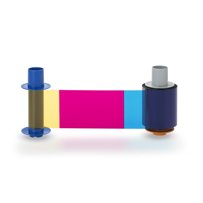The Fargo 84511 YMCK Color Ribbon, compatible with HDP5600 and HDP5000 ID card printers, boasts vibrant yellow, magenta, and cyan sections stretched between two spools for flawless full-color printing on up to 500 cards sold by Specialist ID