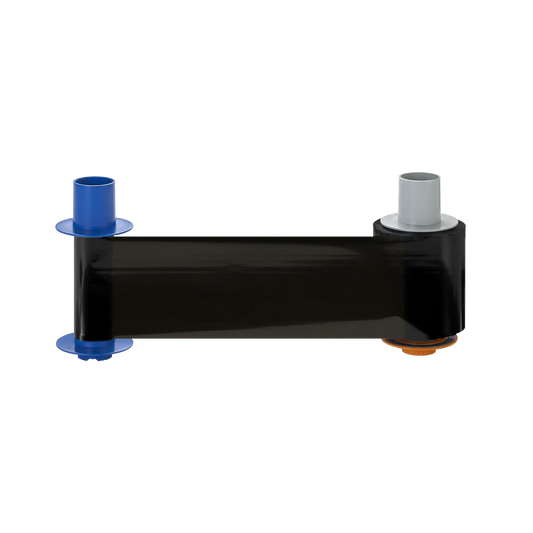 The HID FARGO 84518 Premium Black Monochrome Ribbon, designed for up to 3000 prints and compatible with HDP5000e, HDP5000, and HDP5600 card printers, features a sleek design with its black color and two cylindrical plastic ends—one blue and one gray—set against a clean white background.