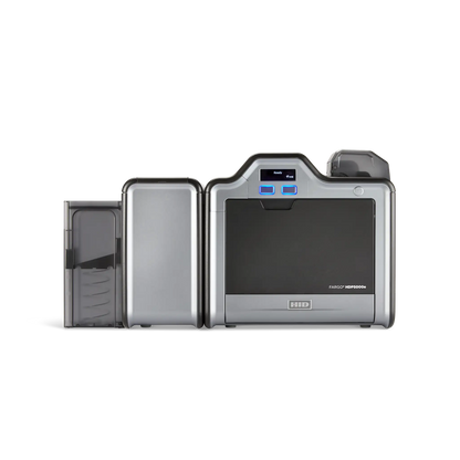 The HID FARGO HDP5000e Dual Sided ID Card Printer offers a sleek, modern design with a metallic finish, featuring LED indicators and a compact, rectangular profile. Sold by Specialist ID.