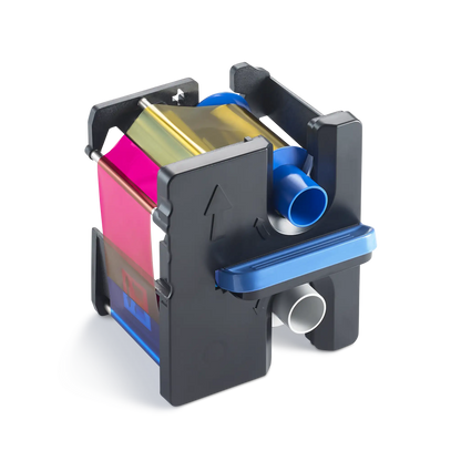 A Fargo 84511 YMCK Color Ribbon, designed for full-color printing with labeled sections and a film roll attached, is perfect for HDP5600 and HDP5000 ID card printers, providing up to 500 prints. Sold by Specialist ID